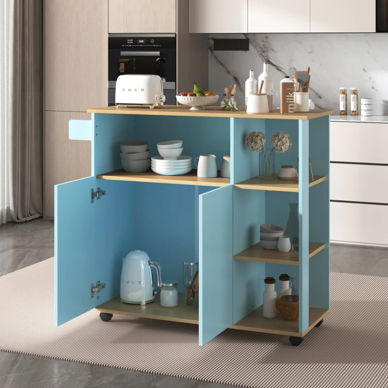 Moderner minimalistischer Küchenwagen mit Holzregalen und 360° drehbaren Rollen, Küchenmöbel für Mikrowelle, Blau