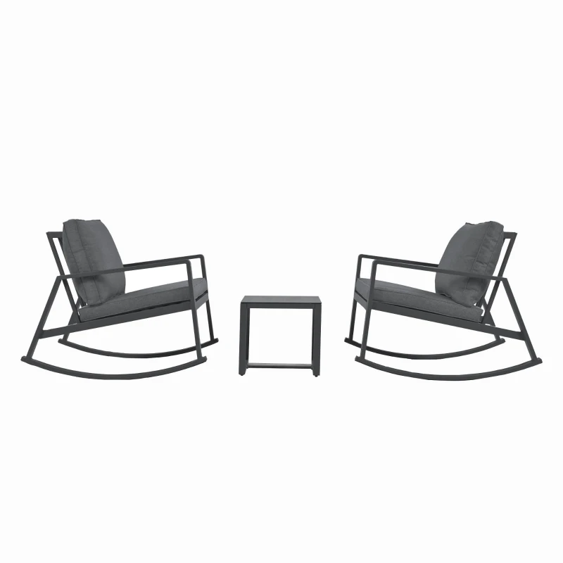 Gartenlounge-Set 3-teilig, mit 2 Schaukelstühlen und 1 Tisch aus gehärtetem Glas, dicke Kissen, ergonomisches Design, Grau