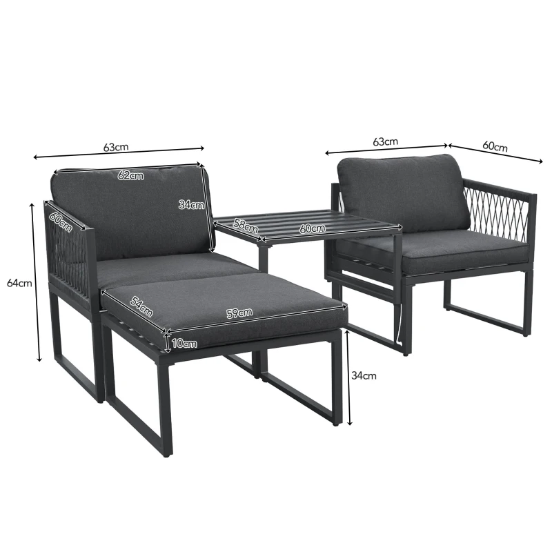 Gartenlounge-Set aus Aluminium mit 2 Sofas und 2 Fußhockern, variabel und verstellbar kombinierbar, für Außen und Innenbereich, Grau