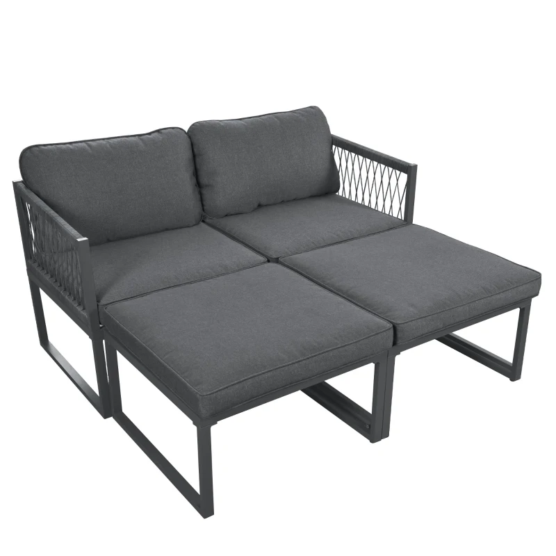 Gartenlounge-Set aus Aluminium mit 2 Sofas und 2 Fußhockern, variabel und verstellbar kombinierbar, für Außen und Innenbereich, Grau