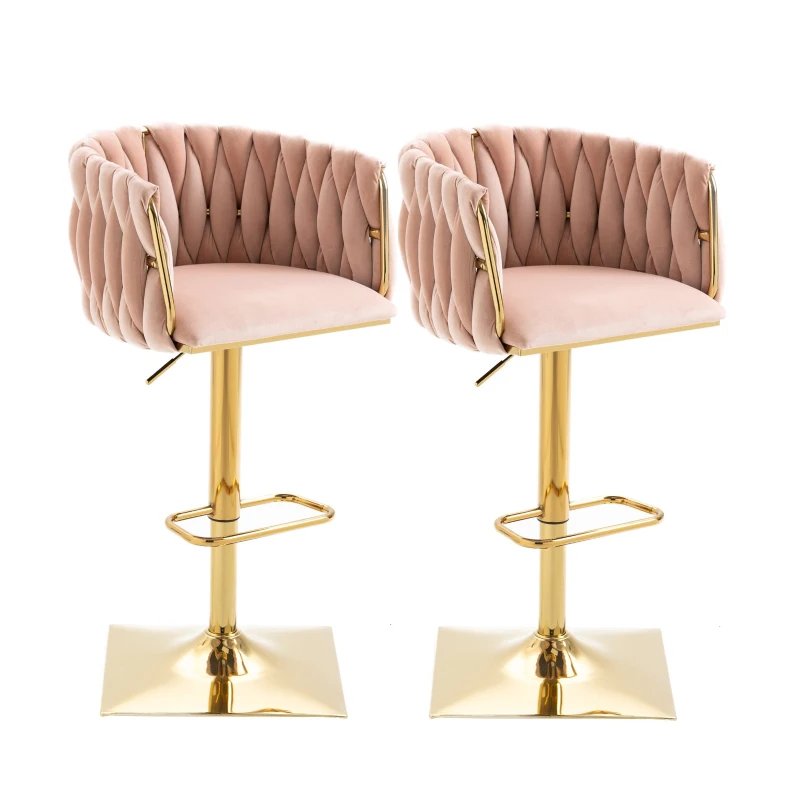 2 Tabourets de bar style art déco avec dossier et repose-pieds, chaise haute hauteur d'assise réglable pivotant 360°, Rose