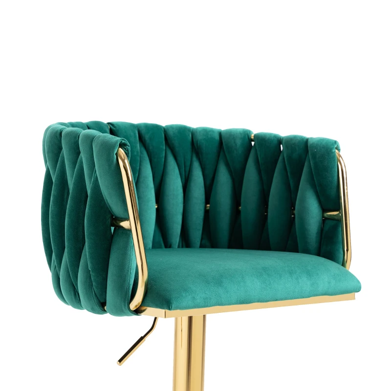 Höhenverstellbarer Barhocker mit Art-déco Design, 360° Drehbar, Smaragdgrün Samt Sitzfläche, Gold Beine