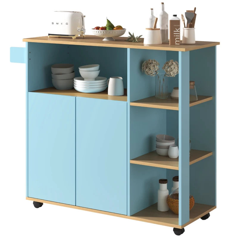 Moderner minimalistischer Küchenwagen mit Holzregalen und 360° drehbaren Rollen, Küchenmöbel für Mikrowelle, Blau