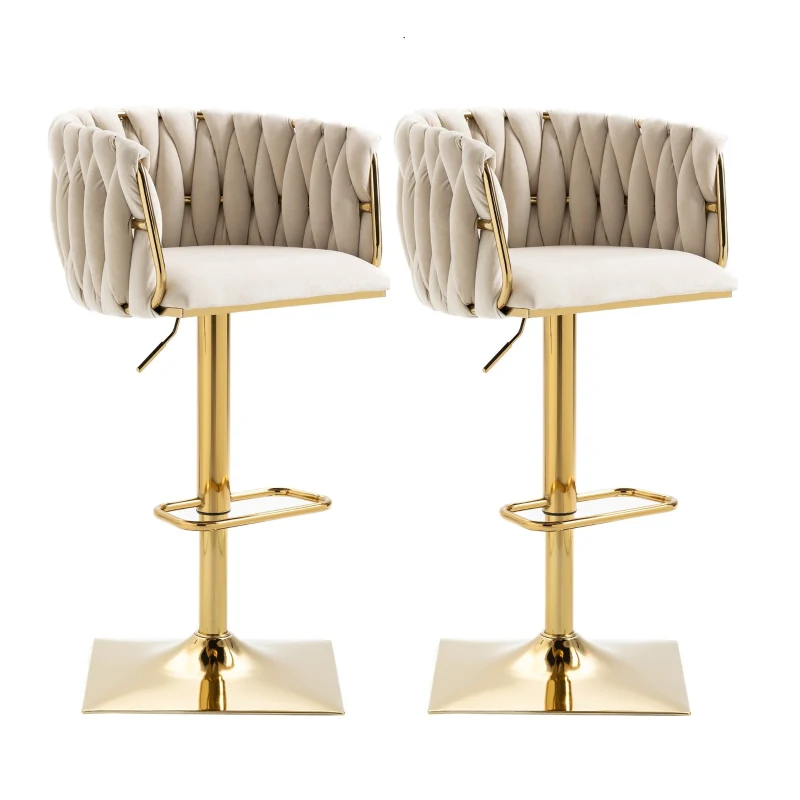 2 Tabourets de bar style art déco avec dossier et repose-pieds, chaise haute hauteur d'assise réglable pivotant 360°, Ivoire