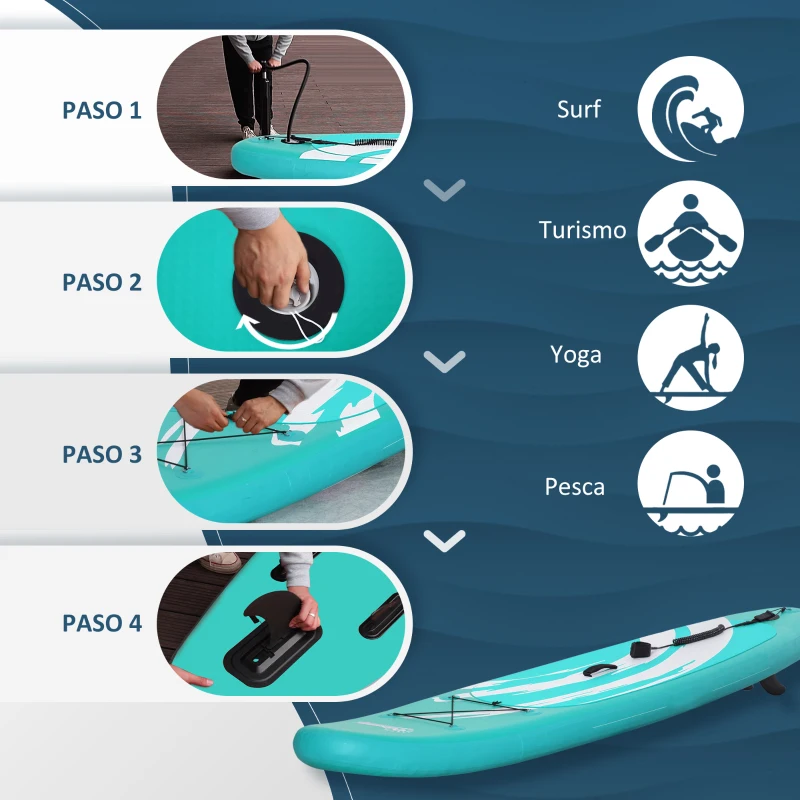 Outsunny Tabla de Paddle Surf Hinchable 300x76x15 cm Tabla de Stand Up Paddling Inflable con Remo Ajustable Aletas Cubierta Antideslizante Bomba y Bolsa de Transporte Azul