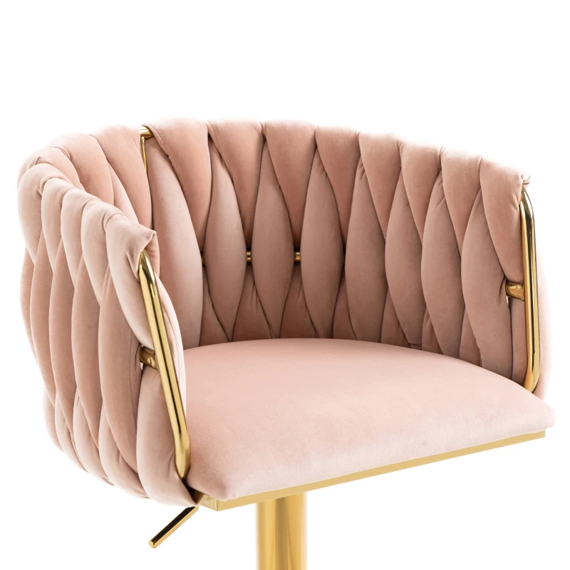 2 Tabourets de bar style art déco avec dossier et repose-pieds, chaise haute hauteur d'assise réglable pivotant 360°, Rose