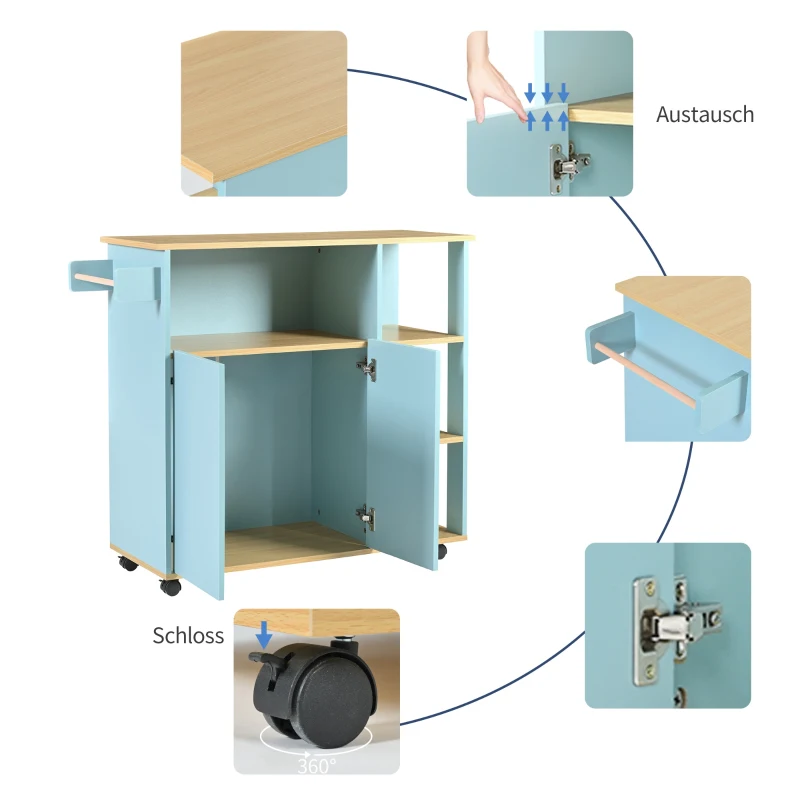 Chariot de rangement de cuisine minimaliste moderne avec support à micro-ondes et roues pivotantes à 360°, Bleu