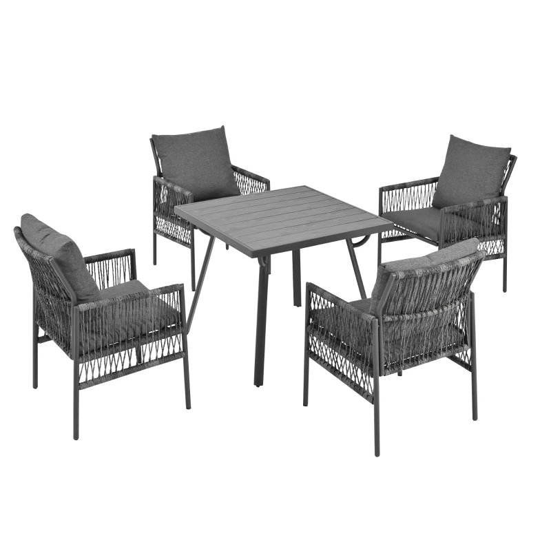 Ensemble Repas Jardin en PE-Rattan et Fer Zingué, 5 Pièces : 4 Chaises avec Coussins Inclus et 1 Table , Table avec Plateau en WPC, Gris
