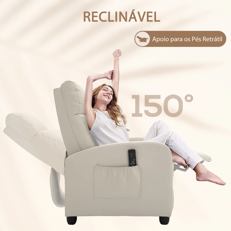 HOMCOM Poltrona de Massagem Reclinável com 2 Zonas de Massagem 8 Programas e 5 Níveis de Intensidade 68x88x98 cm Creme