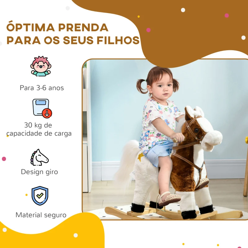HOMCOM Cavalo Baloiço para Crianças com Música Som e Função de Movimento da Cauda Carga 30 kg 68x26x62 cm Marrom e Branco
