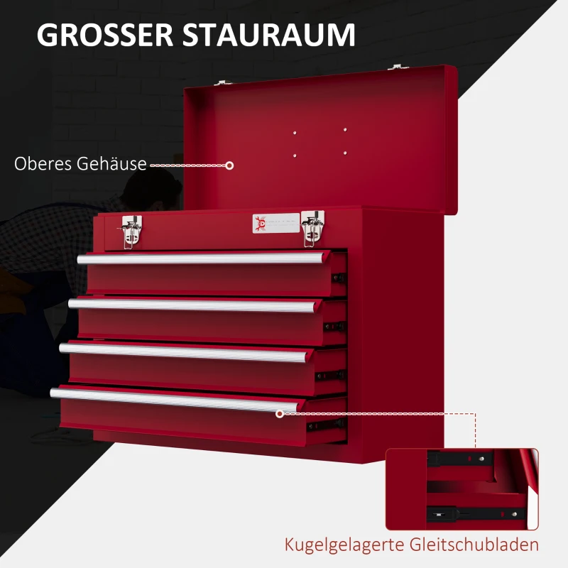 DURHAND Skrzynka narzędziowa z 4 szufladami, górny schowek, stalowe zamki, uchwyt, 51x22x39,5 cm, Czerwona