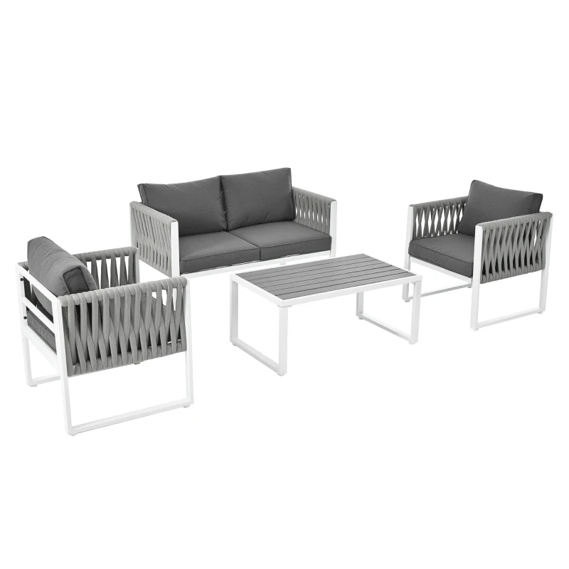 Salon de Jardin Moderne en Fer Zingué et Corde avec Coussins, Composé d'un Canapé Double, Deux Fauteuils et une Table WPC, Pieds Réglables, Blanc+gris