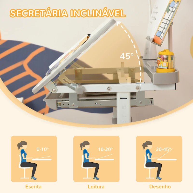 HOMCOM Conjunto de Secretária e Mesa para Crianças acima de 6 Anos com Altura Ajustável Mesa Inclinável e Lâmpada Cinza