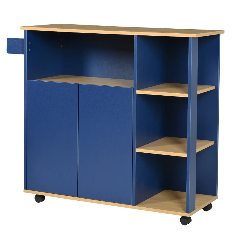 Chariot de Rangement Cuisine Minimaliste Moderne avec Étagères Ouvertes et Roues Pivotantes à 360°, avec Plateau en Bois Veiné, Bleu Marine