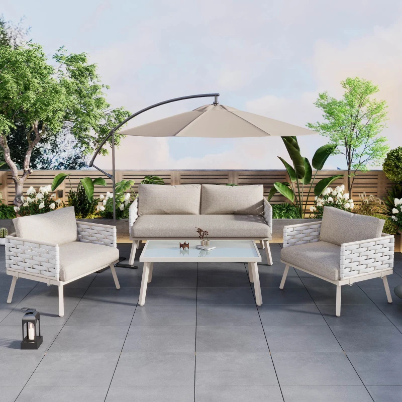 Salon de Jardin Moderne en PE-Rattan et Acier Galvanisé, Canapé 2 Places, 2 Fauteuils et une Table avec Plateau en Verre, Coussins Inclus, Blanc