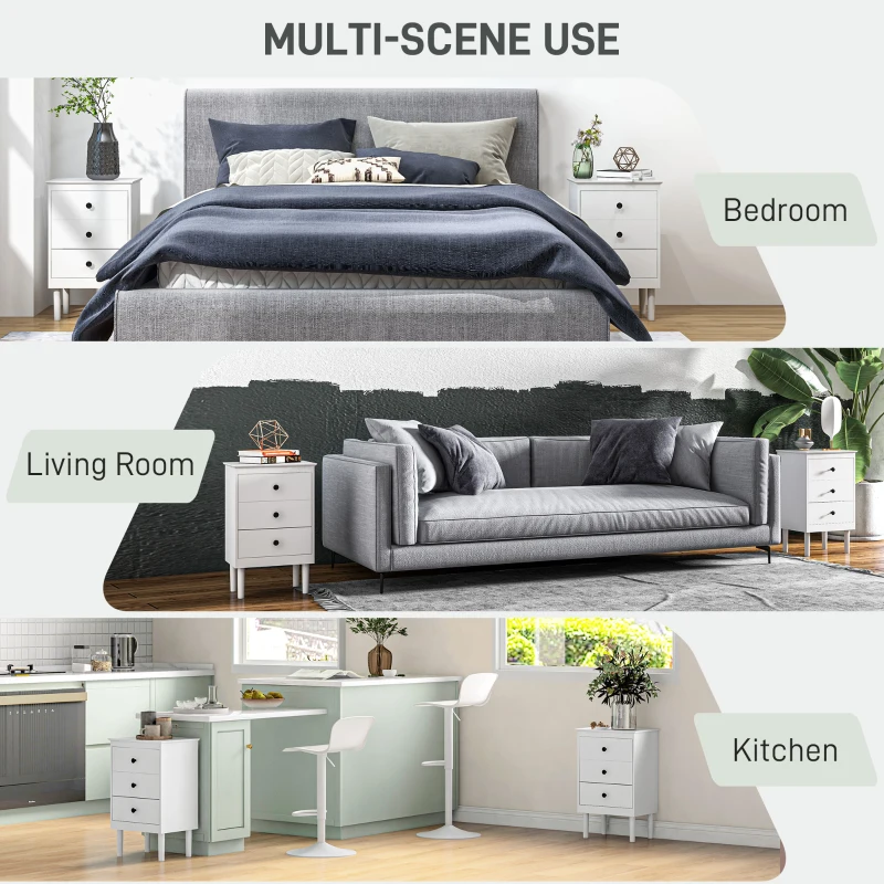 HOMCOM Set of Two Three-Drawer Modern Bedside Tables - White