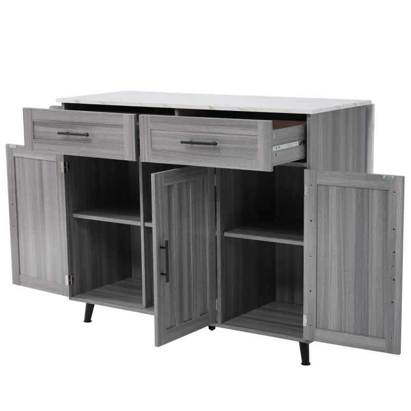 Carrello da Cucina Multifunzione con Tavolo Ribaltabile, Ripiani Interni e 5 Ruote, 2 Cassetti e Mobiletto Salvaspazio, 129x71x91,5 cm, Grigio