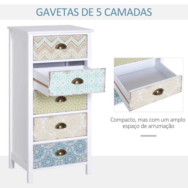 HOMCOM Cómoda de Dormitório Moderna Cómoda de Madeira com 5 Gavetas com Diferentes Padrões Móvel Cómoda 46x34x97,5 cm Multicor