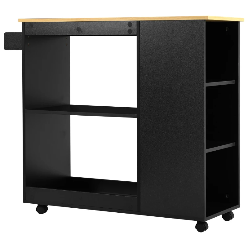 Chariot de Rangement Cuisine Multifonctionnel avec Étagères Ouvertes, Porte-Serviettes en Bois et 4 Roues Silencieuses, avec Frein, Noir