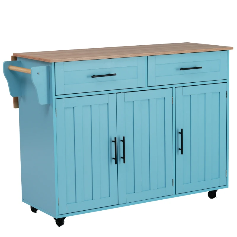 Desserte de Cuisine Multifonctionnelle avec Table Rabattable, Étagères Réglables et Tiroirs, sur 5 Roues, Chariot de Rangement Cuisine, Bleu+Jaune