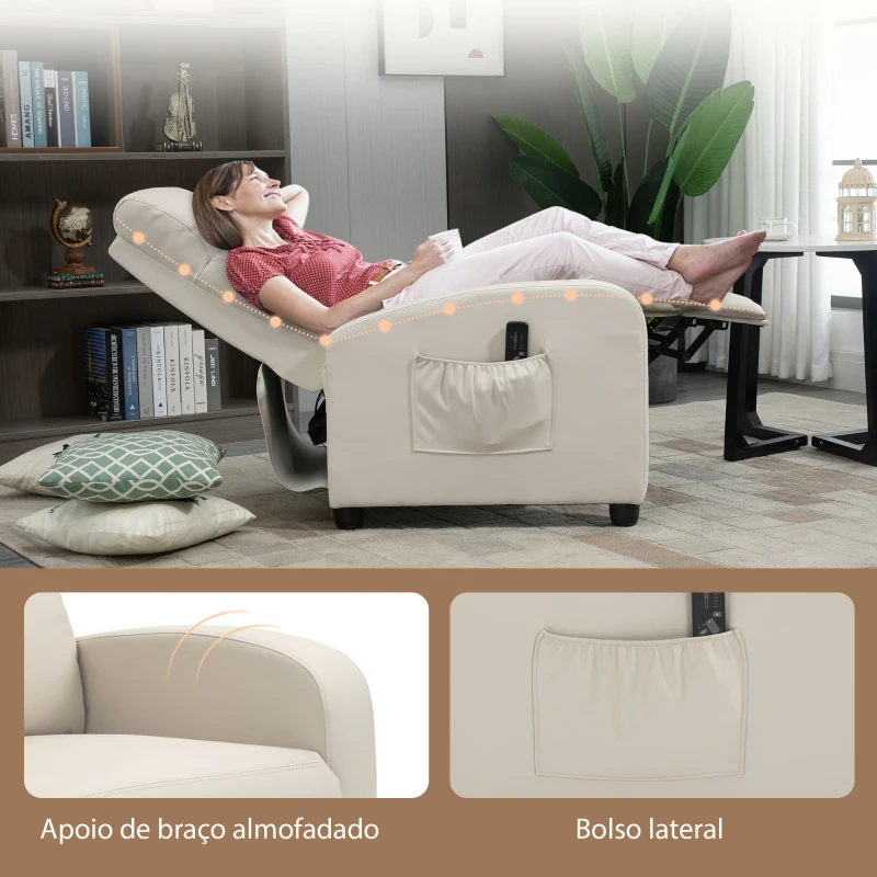 HOMCOM Poltrona de Massagem Reclinável com 2 Zonas de Massagem 8 Programas e 5 Níveis de Intensidade 68x88x98 cm Creme