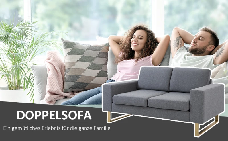 HOMCOM 2-zitsbank stoffen bank hoekbank gestoffeerde bank zitmeubelen kussens armsteun hout metaal lichtgrijs 160 x 82 x 78 cm