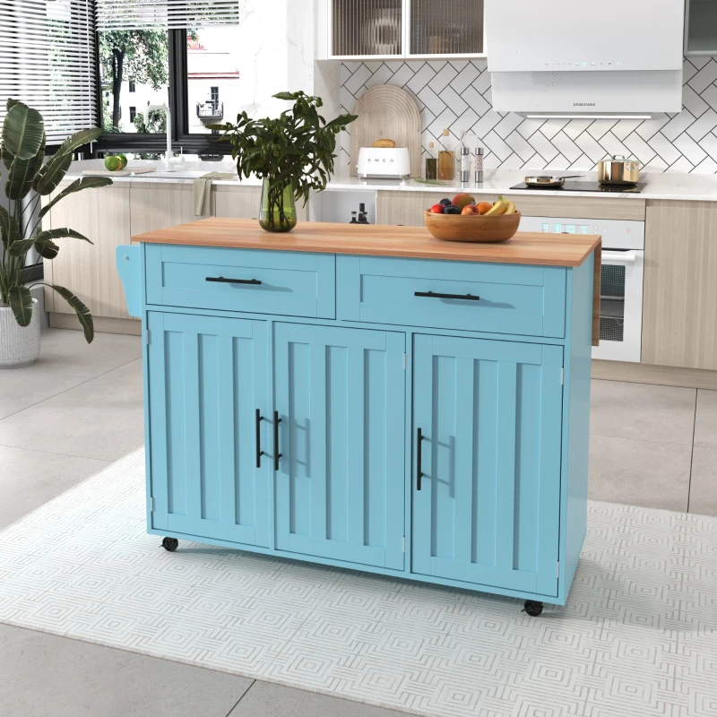 Desserte de Cuisine Multifonctionnelle avec Table Rabattable, Étagères Réglables et Tiroirs, sur 5 Roues, Chariot de Rangement Cuisine, Bleu+Jaune