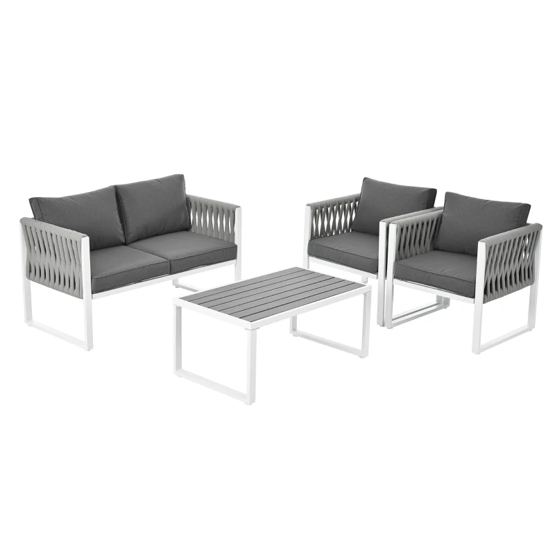 Salon de Jardin Moderne en Fer Zingué et Corde avec Coussins, Composé d'un Canapé Double, Deux Fauteuils et une Table WPC, Pieds Réglables, Blanc+gris