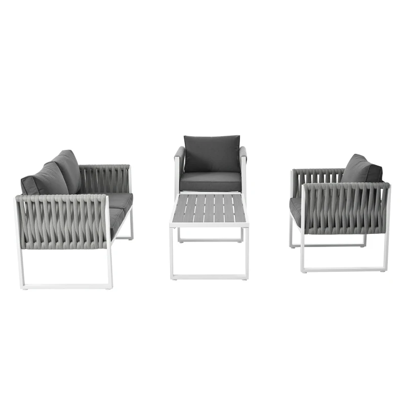Salon de Jardin Moderne en Fer Zingué et Corde avec Coussins, Composé d'un Canapé Double, Deux Fauteuils et une Table WPC, Pieds Réglables, Blanc+gris