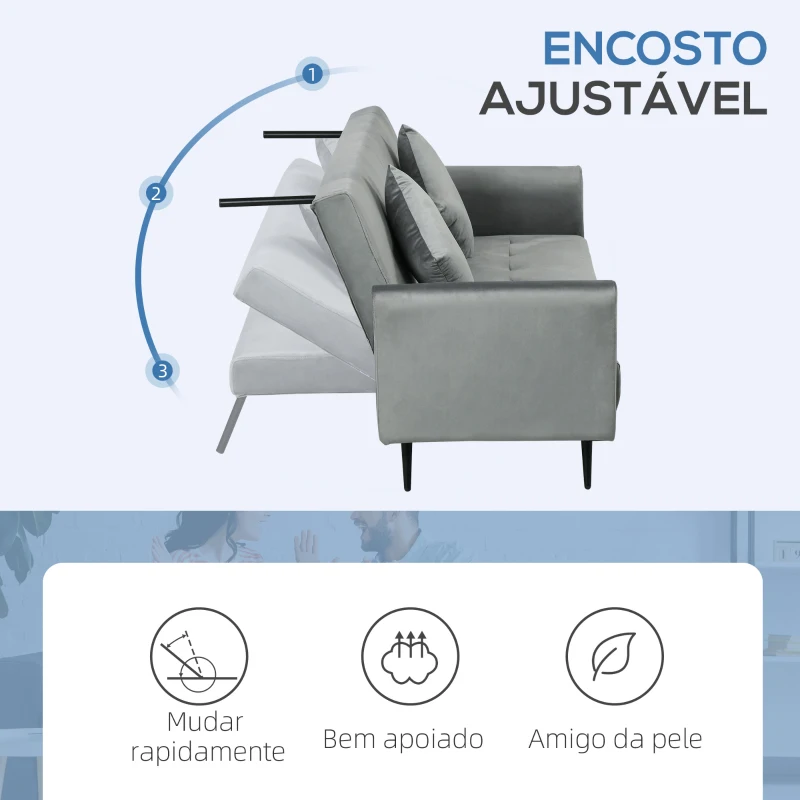 HOMCOM Sofá Cama Convertível Sofá Cama de 3 Lugares com Encosto Ajustável de 3 Níveis e 2 Almofadas Acolchoadas 206x81x83 cm Cinza