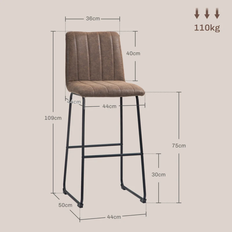 HOMCOM Set de 2 Scaune de Bar, Scaune Moderne pentru Bar de Mic Dejun, Tapitate cu Piele Ecologică, cu Spătar și Picioare de Oțel, 44x50x109 cm, Maro