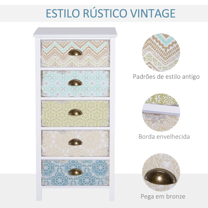 HOMCOM Cómoda de Dormitório Moderna Cómoda de Madeira com 5 Gavetas com Diferentes Padrões Móvel Cómoda 46x34x97,5 cm Multicor