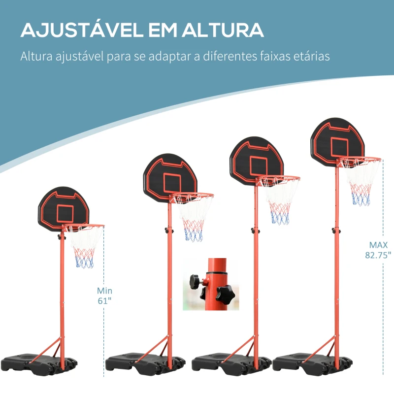 HOMCOM Tabela de Basquetebol com Altura Ajustável 194-249 cm Rodas e Base Recarregável para Adolescentes e Adultos Vermelho e Preto