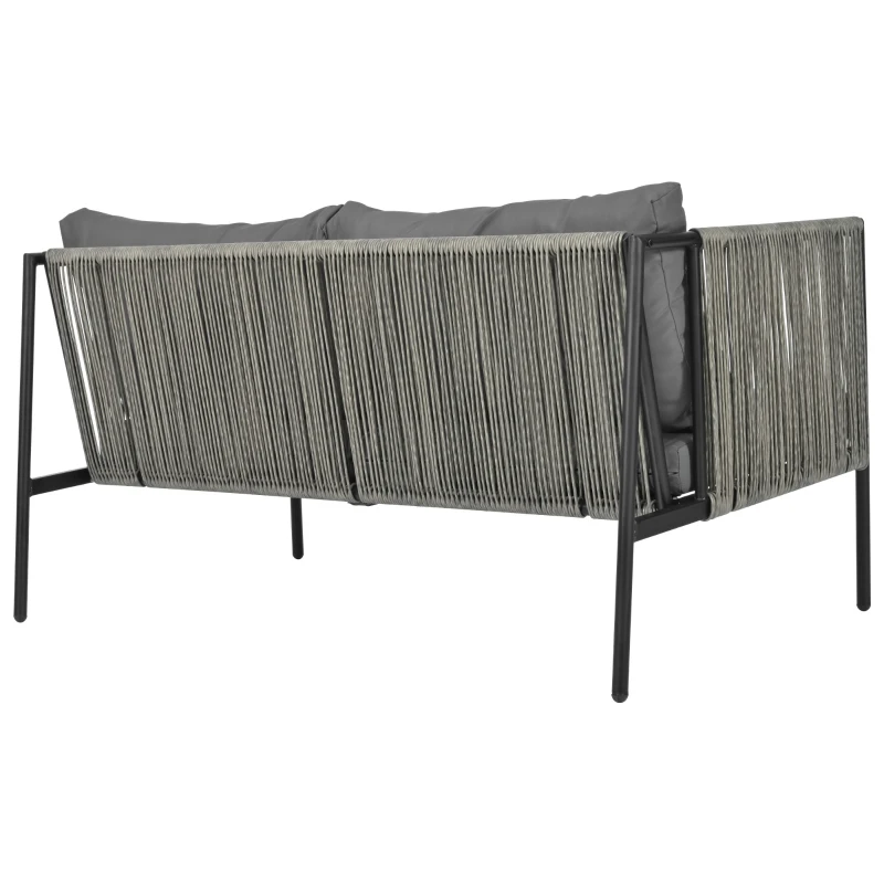 Salon de Jardin Moderne en Rotin PE et Acier Galvanisé, Canapé 2 Places, 2 Fauteuils et une Table avec Plateau en Verre, Coussins Inclus, Gris