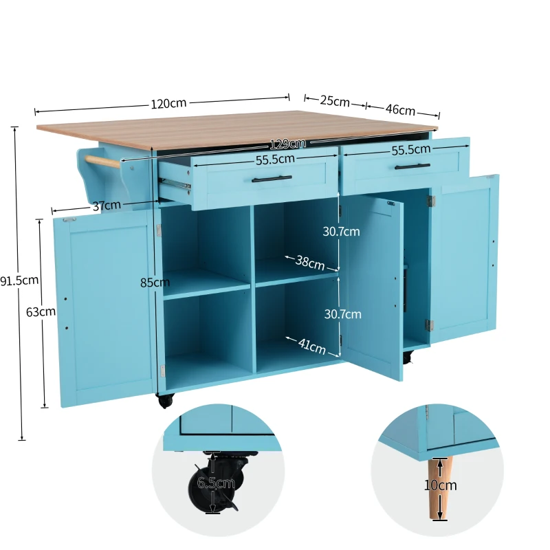 Desserte de Cuisine Multifonctionnelle avec Table Rabattable, Étagères Réglables et Tiroirs, sur 5 Roues, Chariot de Rangement Cuisine, Bleu+Jaune