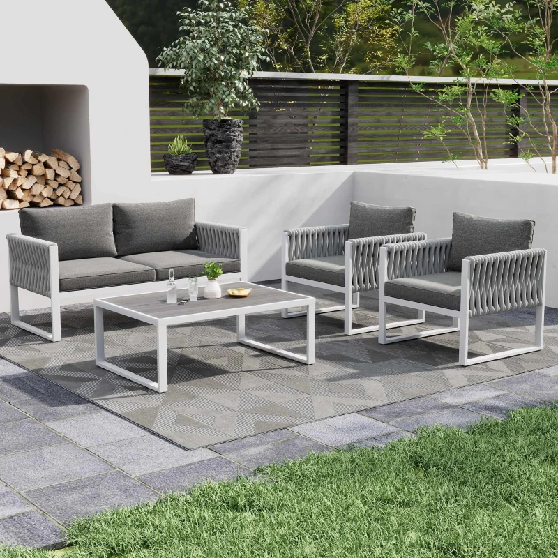 Salon de Jardin Moderne en Fer Zingué et Corde avec Coussins, Composé d'un Canapé Double, Deux Fauteuils et une Table WPC, Pieds Réglables, Blanc+gris