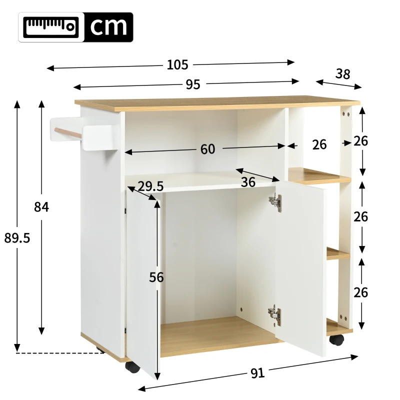 Carrello da cucina moderno e minimalista con mobile da cucina per microonde e ruote piroettanti a 360°, 105x38x89,5 cm, Bianco