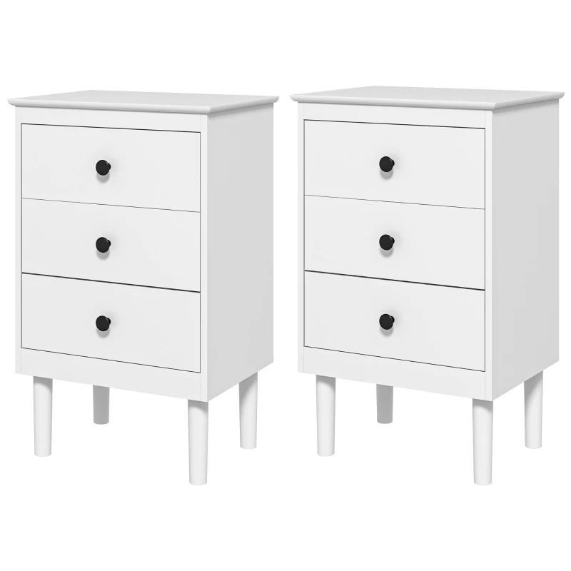HOMCOM Set of Two Three-Drawer Modern Bedside Tables - White