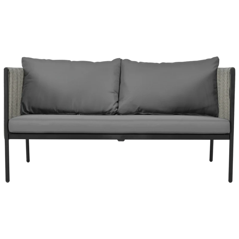 Salon de Jardin Moderne en Rotin PE et Acier Galvanisé, Canapé 2 Places, 2 Fauteuils et une Table avec Plateau en Verre, Coussins Inclus, Gris