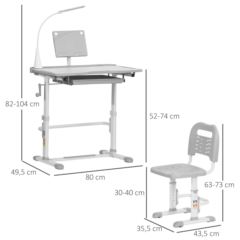 HOMCOM Conjunto de Secretária e Cadeira para Crianças com Altura Ajustável Lâmpada LED 80x49,5x80-105 cm e 36x34x60-73 cm Cinza