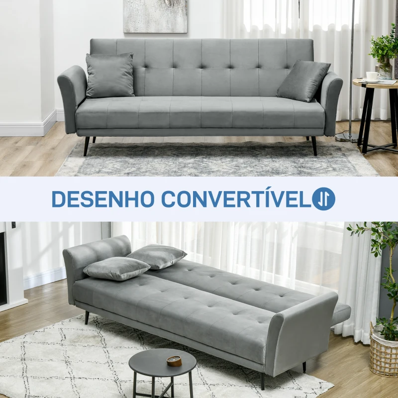 HOMCOM Sofá Cama Convertível Sofá Cama de 3 Lugares com Encosto Ajustável de 3 Níveis e 2 Almofadas Acolchoadas 206x81x83 cm Cinza