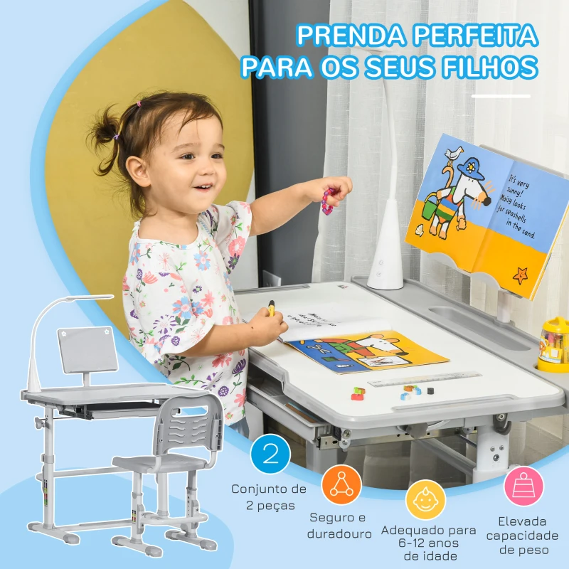 HOMCOM Conjunto de Secretária e Cadeira para Crianças com Altura Ajustável Lâmpada LED 80x49,5x80-105 cm e 36x34x60-73 cm Cinza