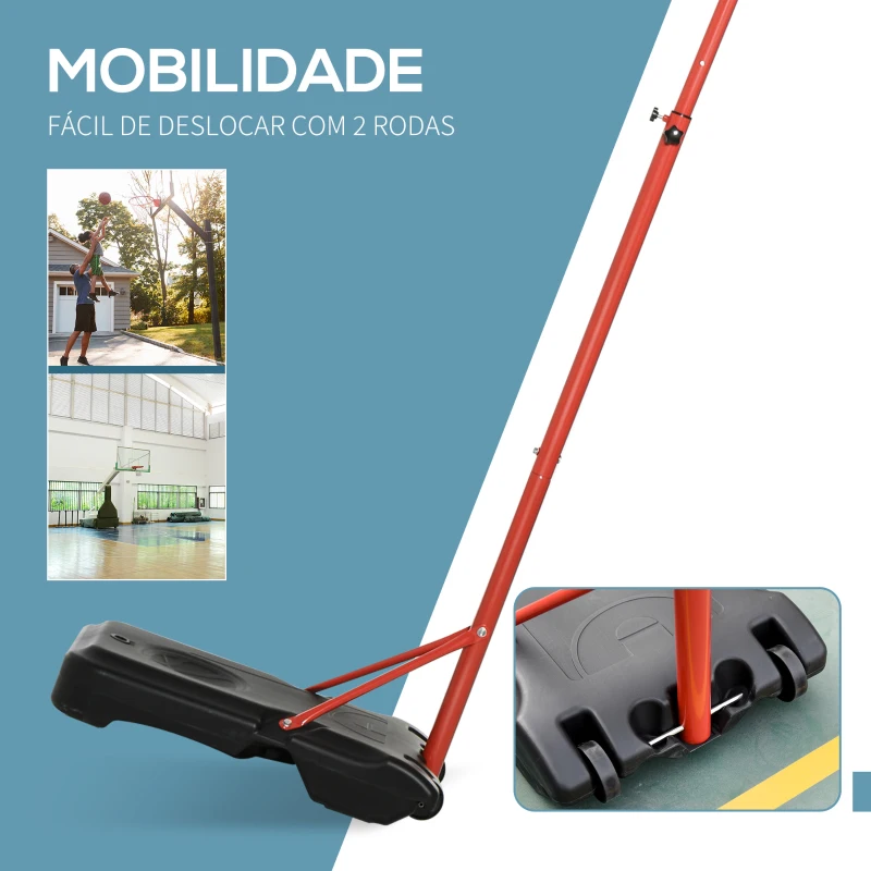 HOMCOM Tabela de Basquetebol com Altura Ajustável 194-249 cm Rodas e Base Recarregável para Adolescentes e Adultos Vermelho e Preto