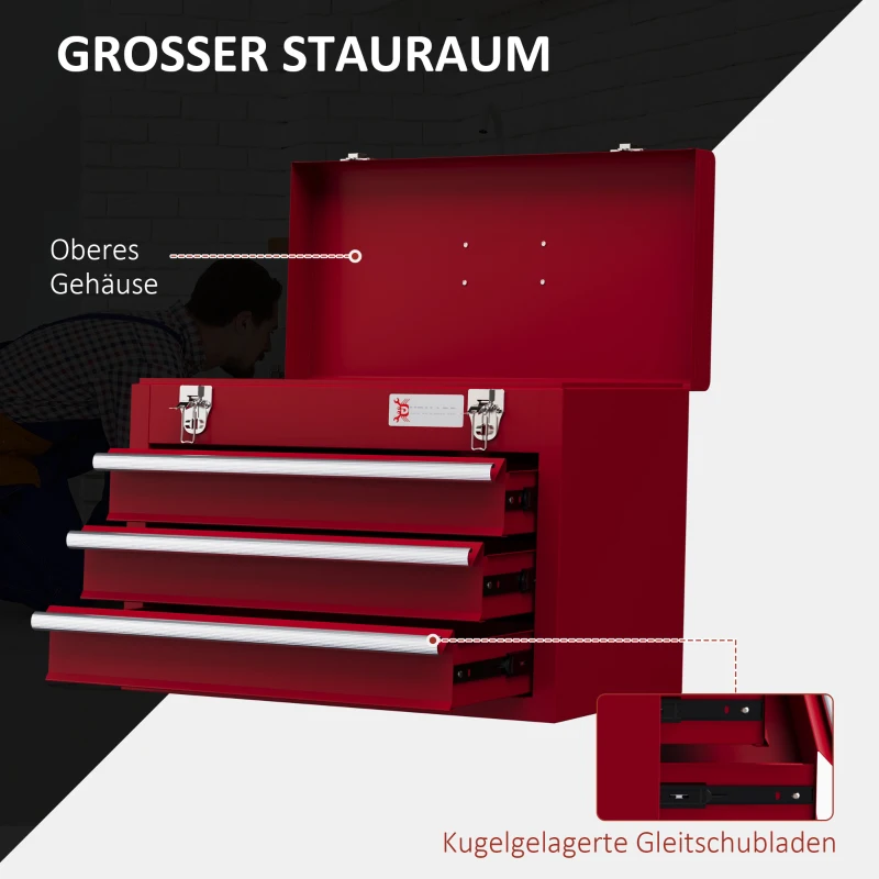 DURHAND Gereedschapskist met 3 Laden, Bovenopbergvak, Stalen Sluitingen, Draaggreep, 51x22x32 cm, Rood