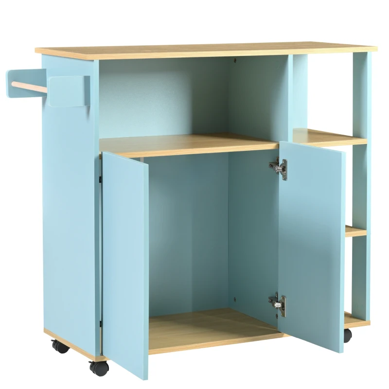 Carrello da cucina moderno e minimalista con mobile da cucina per microonde e ruote piroettanti a 360°, 105x38x89,5 cm, Blu