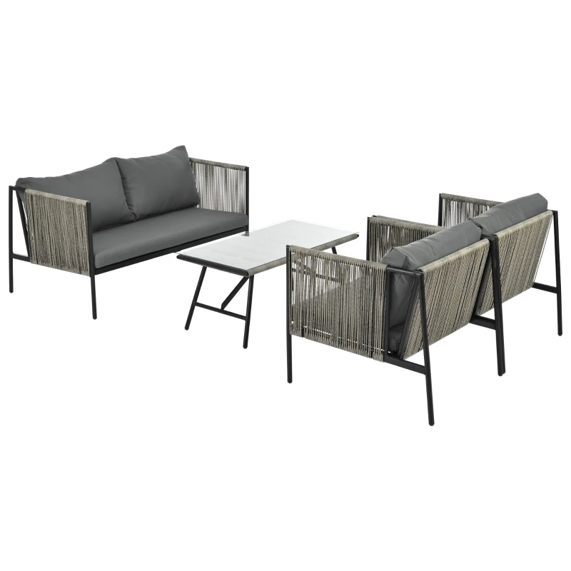 Salon de Jardin Moderne en Rotin PE et Acier Galvanisé, Canapé 2 Places, 2 Fauteuils et une Table avec Plateau en Verre, Coussins Inclus, Gris