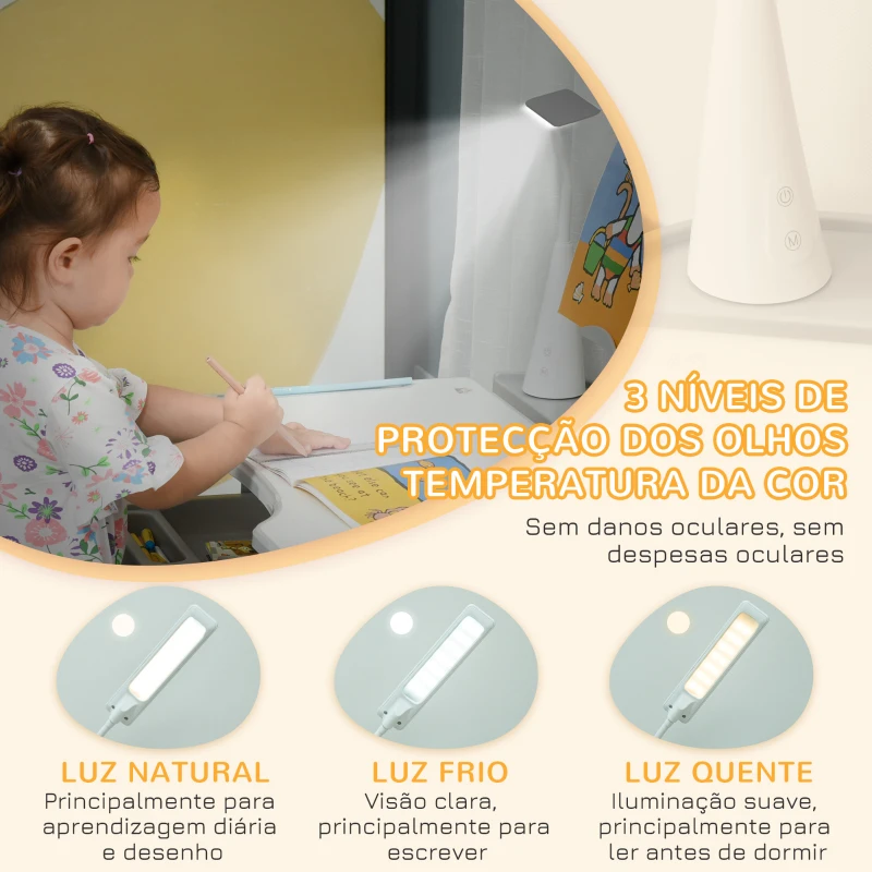 HOMCOM Conjunto de Secretária e Mesa para Crianças acima de 6 Anos com Altura Ajustável Mesa Inclinável e Lâmpada Cinza