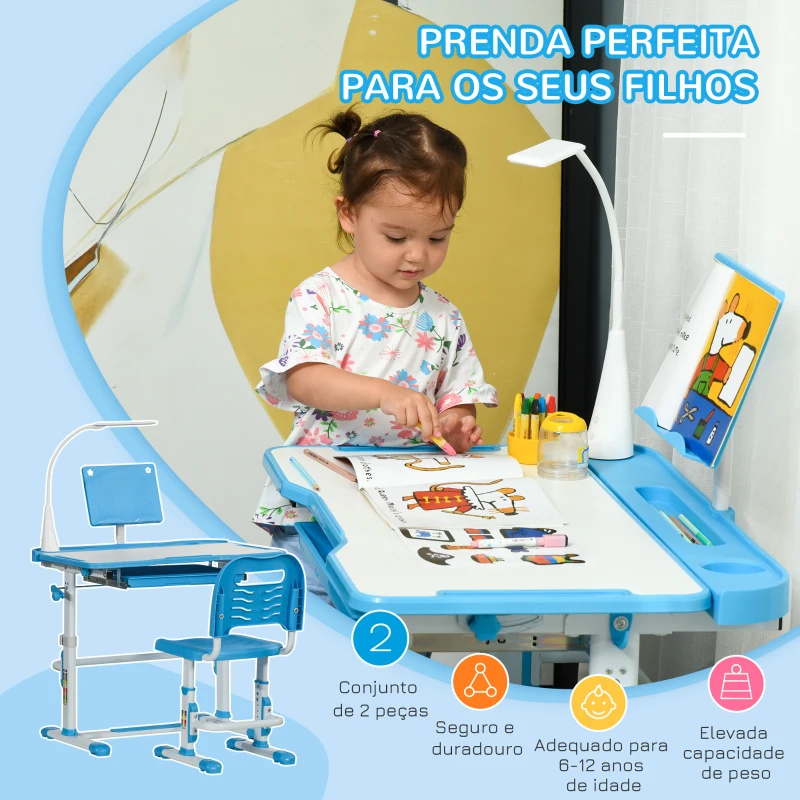 HOMCOM Conjunto de Secretária e Cadeira para Crianças com Altura Ajustável Lâmpada LED 80x49,5x80-105 cm e 36x34x60-73 cm Azul