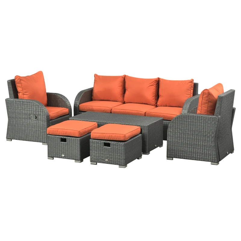Outsunny Six-piece Outdoor Rattan Dining Set, with Reclining Armchairs - Orange