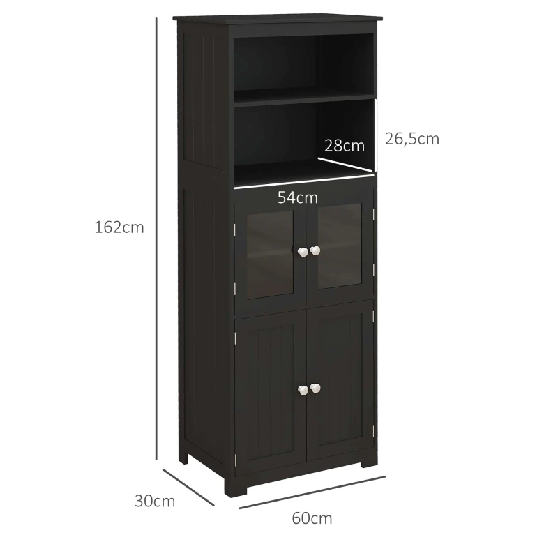 HOMCOM Armário de Cozinha com 2 Portas de Vidro Temperado 2 Prateleiras Abertas e Armário com Prateleira Ajustável 60x30x162 cm Preto
